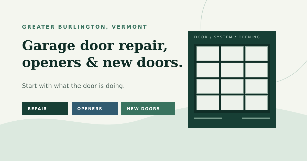 Illustrated Burlington Garage Door Repair service card with a sectional garage door